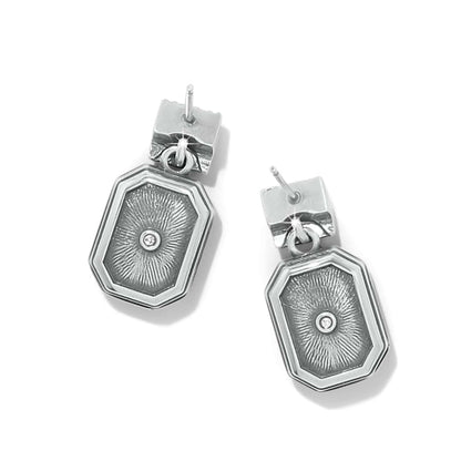 Brighton drop earrings with silver-plated octagonal pendants, radiant sunburst texture, and center crystal accents on a white background