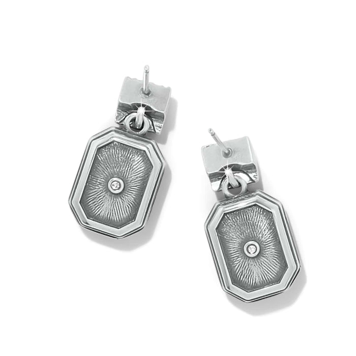 Brighton drop earrings with silver-plated octagonal pendants featuring radiant texture and center crystal accents on a white background