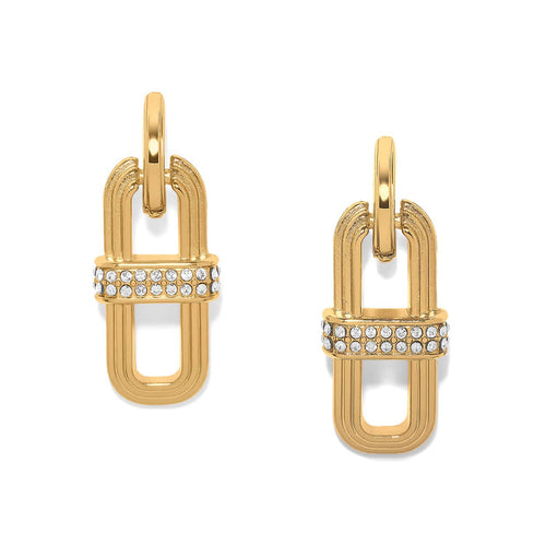 Brighton gold-plated link drop earrings with crystal pavé center bands and ribbed rectangular links on a white background