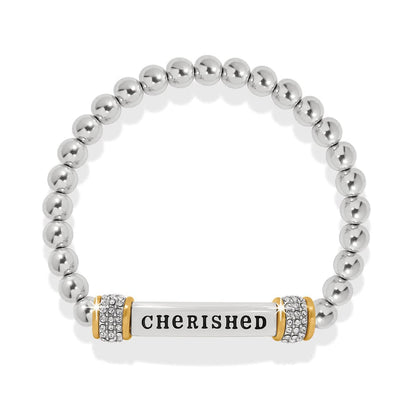 Brighton beaded stretch bracelet with two-tone Cherished bar and crystal accents on a white background
