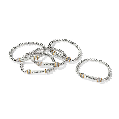 Brighton beaded stretch bracelets with two-tone bars reading Faithful, Fearless, Grateful, Believe, and Cherished on a white background