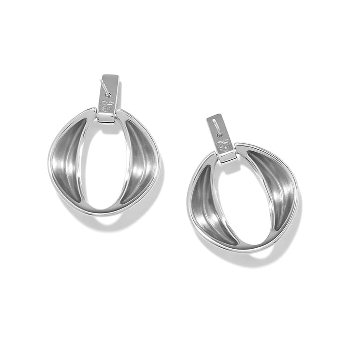 Brighton drop earrings with silver-plated open oval shapes and post tops on a white background