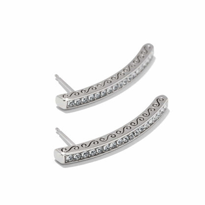 Brighton curved bar stud earrings with crystal pavé row and silver-plated scroll detail on a white background