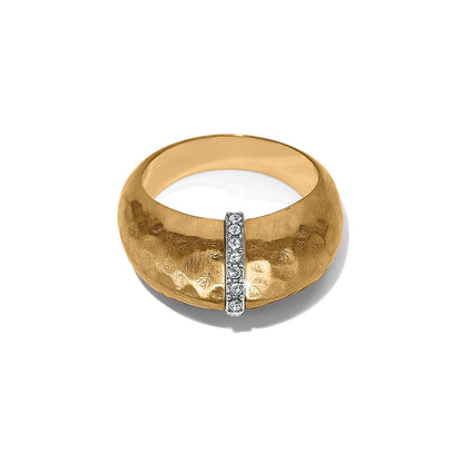 Brighton gold-plated ring with hammered domed band and vertical crystal accent strip on a white background