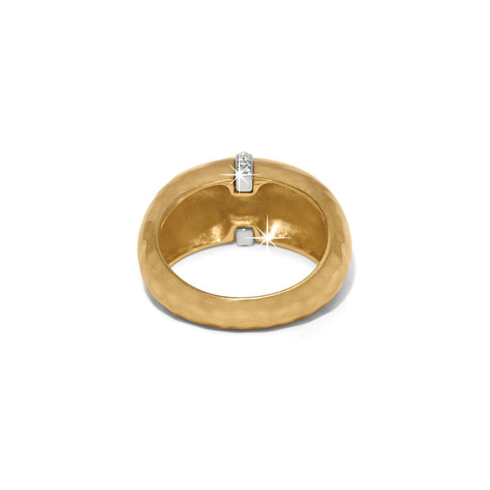 Brighton gold-plated ring shown from the back with hammered band and crystal accents on a white background