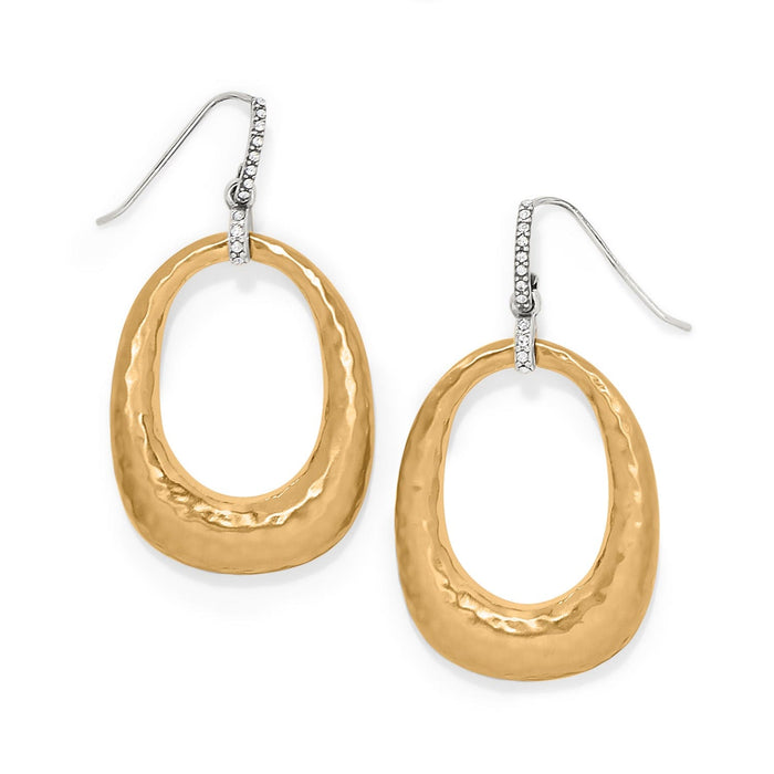 Brighton drop earrings with hammered gold-plated oval rings and crystal-accented silver-tone hooks on a white background