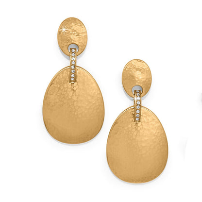 Brighton drop earrings with hammered gold-plated oval discs and crystal accents on a white background