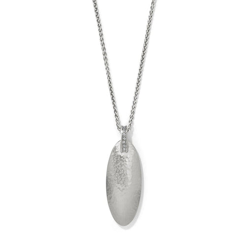 Brighton pendant necklace with hammered silver-plated oval drop and crystal-accented bail on a white background
