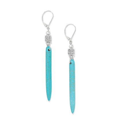Brighton drop earrings with turquoise stone bars, crystal accents, and silver-plated lever-back hooks on a white background