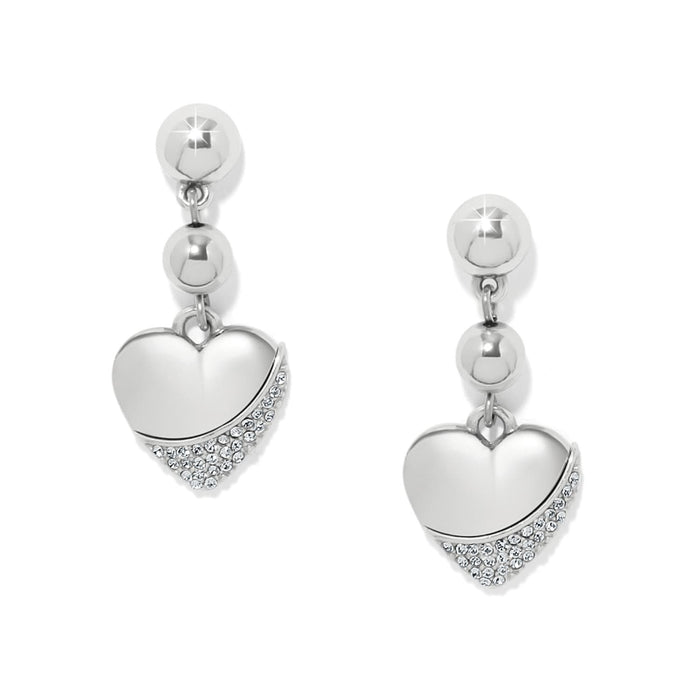 Brighton drop earrings with silver-plated beads and heart charms accented with crystal pavé on a white background