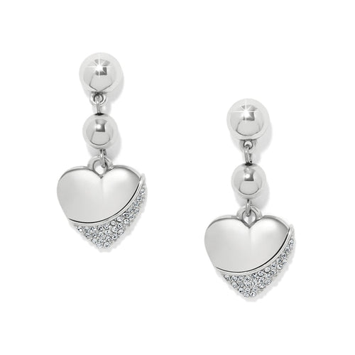 Brighton drop earrings with silver-plated beads and heart charms accented with crystal pavé on a white background