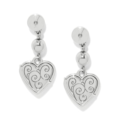 Brighton drop earrings with silver-plated beads and engraved heart charms featuring scroll detailing on a white background