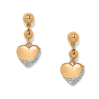 Brighton drop earrings with gold-plated hearts and crystal-accented silver-plated bottoms suspended from beaded posts on a white background
