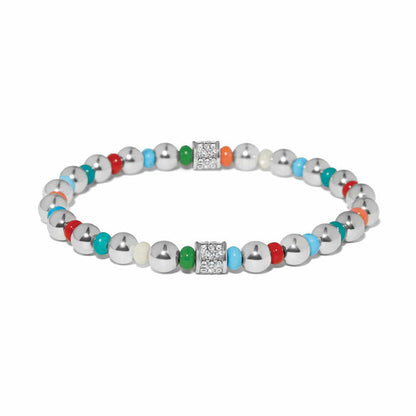 Brighton beaded bracelet with silver-plated beads, multicolor accents, and crystal pavé stations on a white background