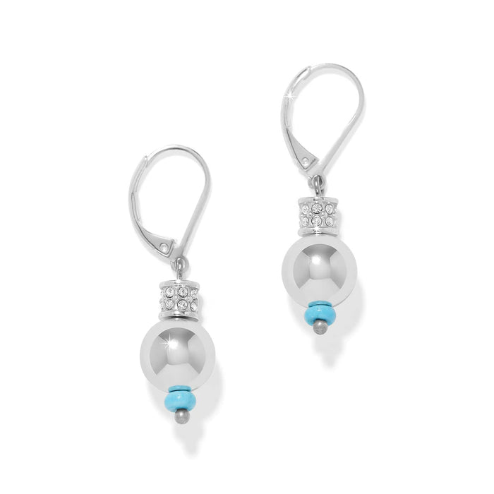 Brighton drop earrings with silver-plated beads, crystal accents, and blue howlite turquoise beads on a white background