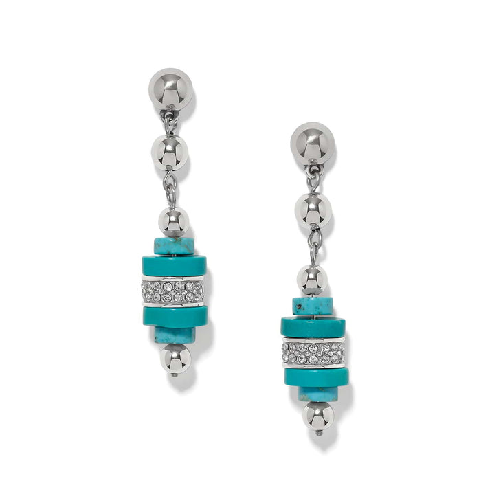 Brighton drop earrings with turquoise stone discs, crystal pavé band, and silver-plated beads on a white background