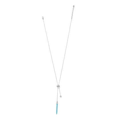 Brighton lariat necklace with silver-plated chain, crystal accents, and blue howlite turquoise drop on a white background