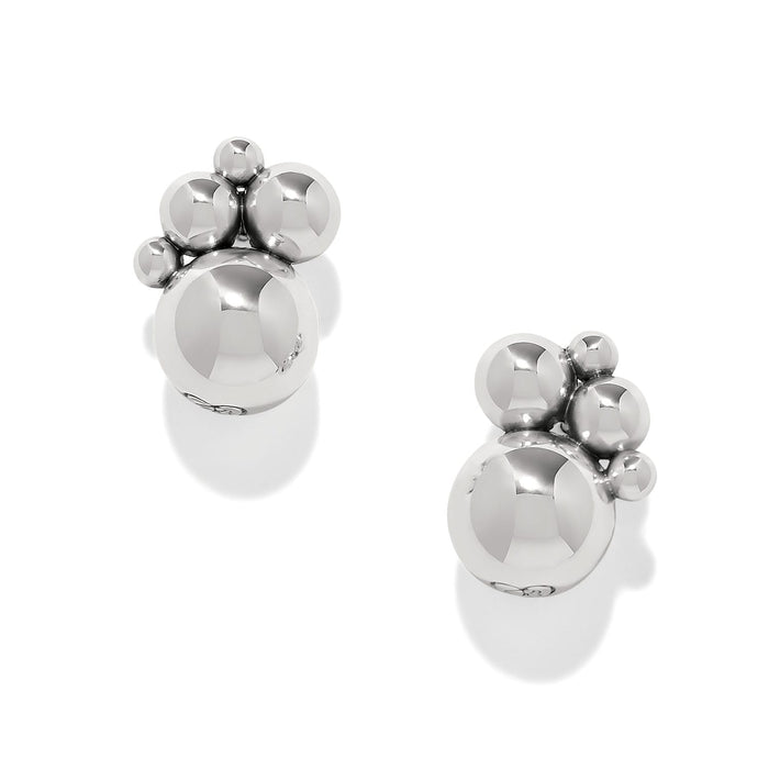 Brighton stud earrings with silver-plated polished bead clusters in graduated sizes on a white background