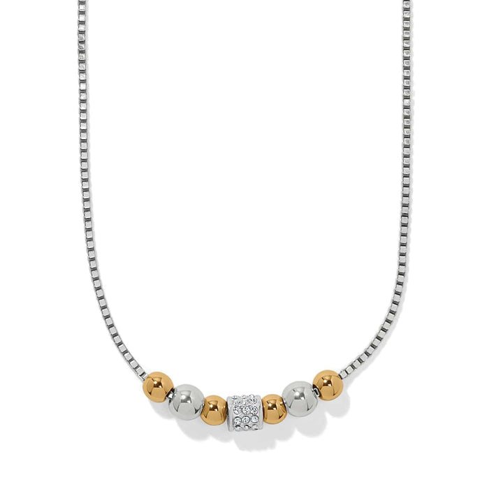 Brighton necklace with silver and gold-tone beads, crystal-set center bead, and silver box chain on a white background