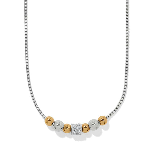 Brighton necklace with silver and gold-tone beads, crystal-set center bead, and silver box chain on a white background