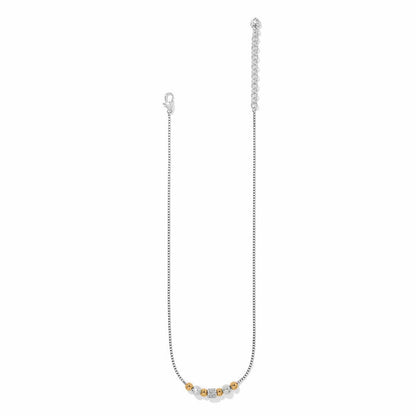 Brighton necklace with silver-tone box chain, gold and silver beads, and crystal pavé accent on a white background