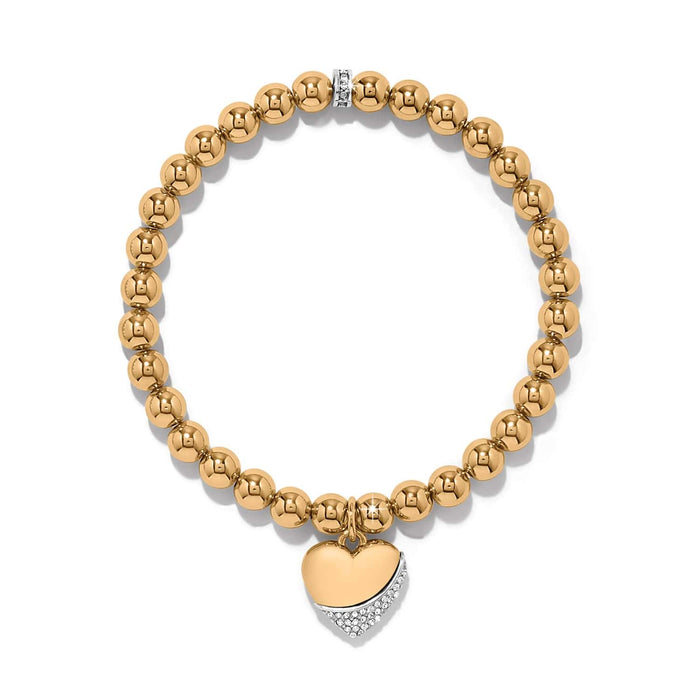 Brighton beaded stretch bracelet with gold-plated beads and crystal-accented heart charm on a white background
