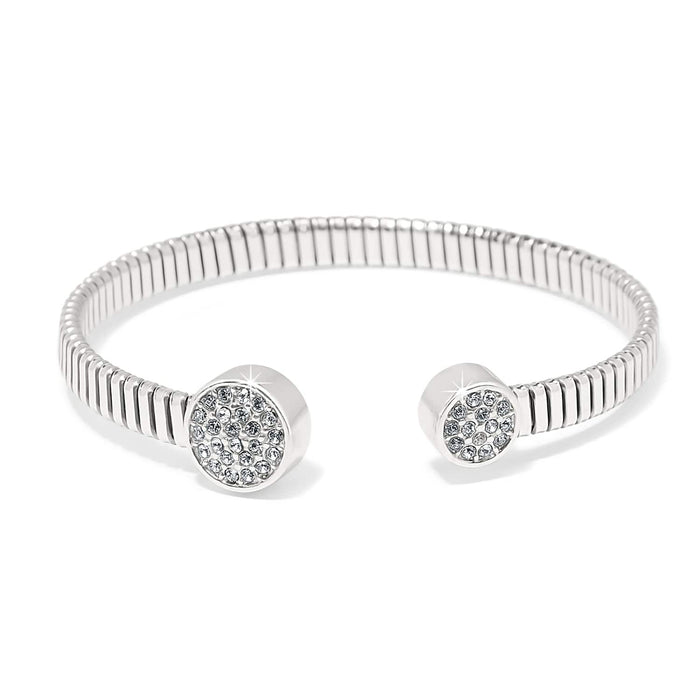Brighton cuff bracelet with ribbed silver-plated band and crystal pavé disc end caps on a white background