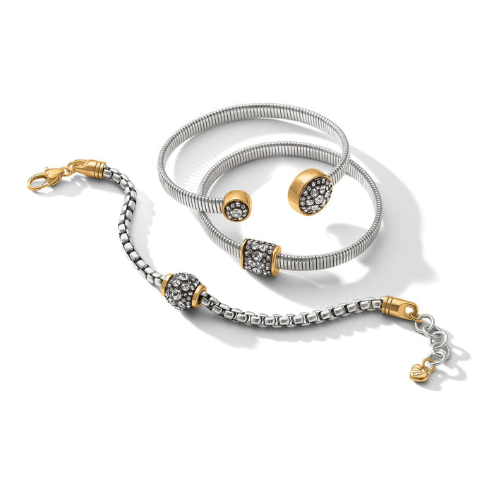 Brighton two-tone bracelets with crystal accents and gold-tone hardware displayed together on a white background