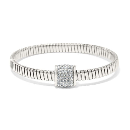 Brighton bangle bracelet with silver-plated flexible band and crystal pavé centerpiece on a white background