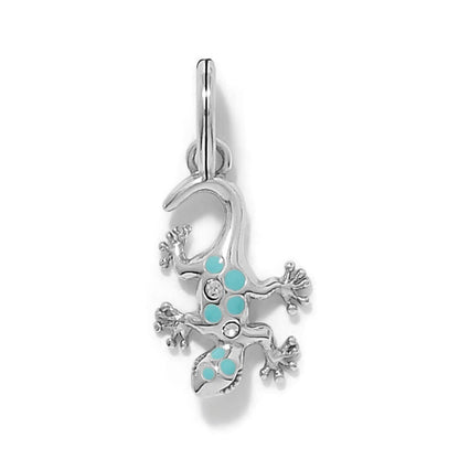 Brighton gecko charm with silver-plated finish, turquoise enamel dots, and crystal accents on a white background