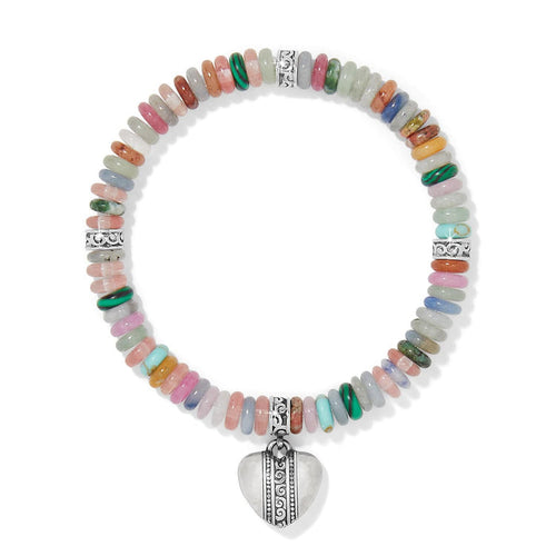 Brighton beaded stretch bracelet with multicolored stone discs, silver-plated scroll accents, and heart charm on a white background