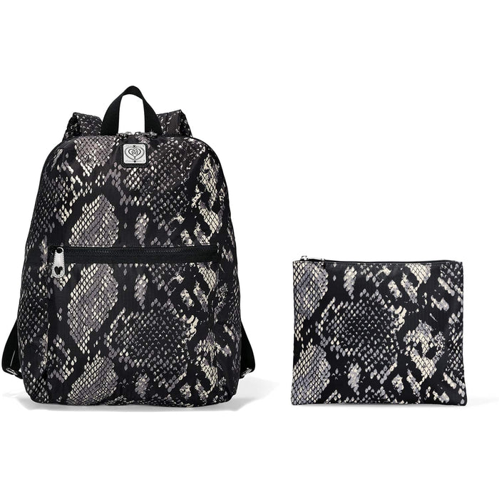 Brighton backpack with black and gray snakeskin print, front zip pocket, and matching pouch on a white background