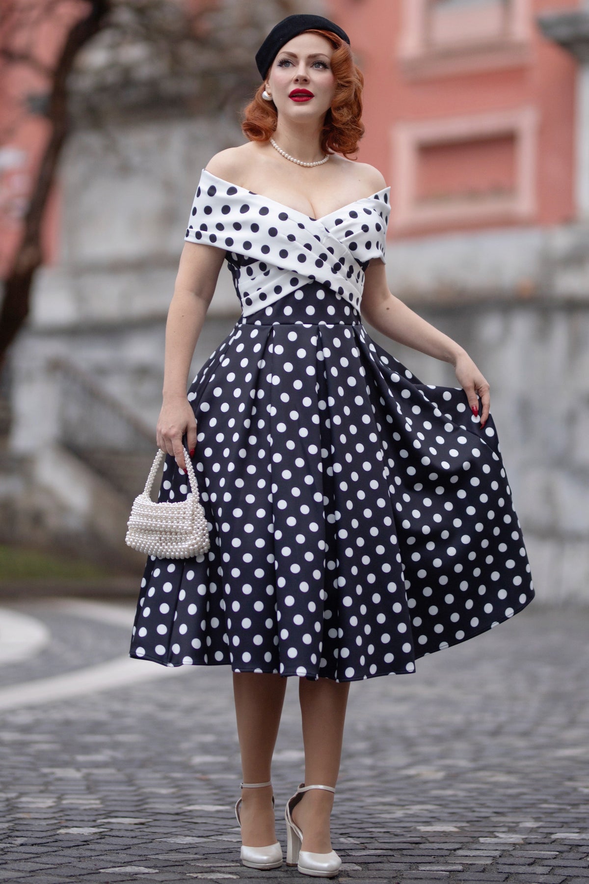 Beverly Monochrome Polka Dot Off Shoulder Dress