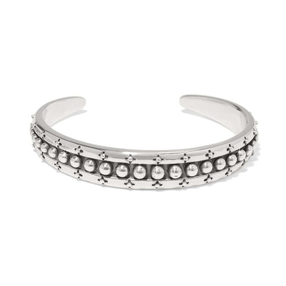 Brighton silver-plated cuff bracelet with rows of beaded studs and decorative cross detailing on a white background