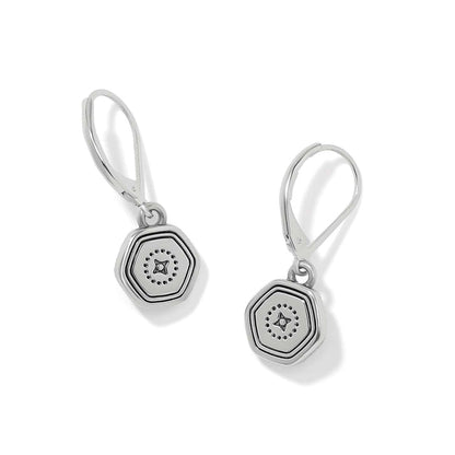 Brighton drop earrings with hexagonal silver-tone charms featuring dotted star motifs and leverback closures on a white background
