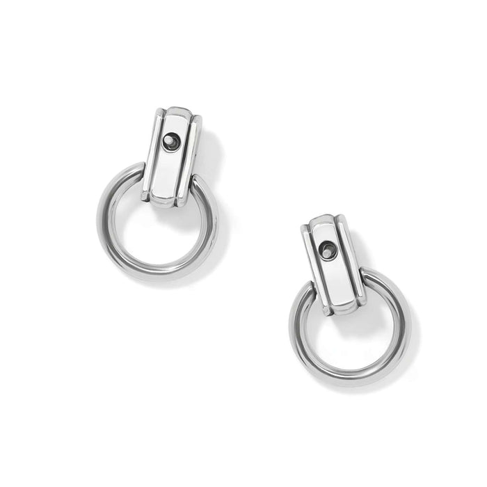 Brighton doorknocker drop earrings with two-tone polished silver hoops and rectangular post details on a white background