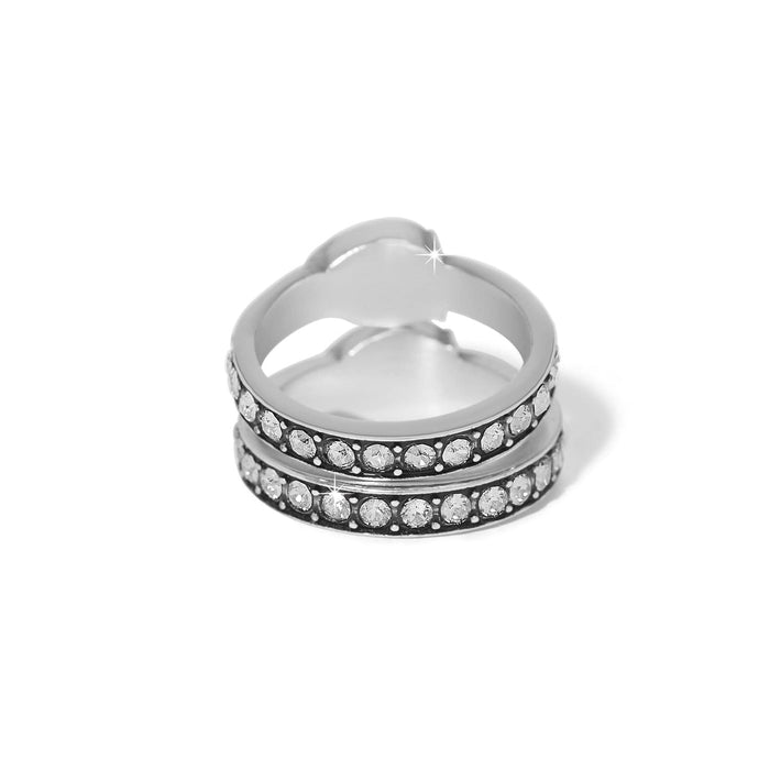 Brighton silver-plated ring with two rows of pavé crystals and polished band on a white background