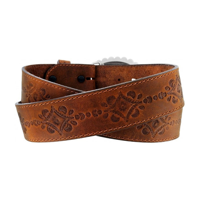 Brighton brown leather belt with embossed floral tooling and contrast stitching coiled on a white background