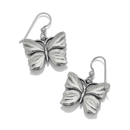 Brighton butterfly drop earrings with silver-plated wings and French hook closures on a white background
