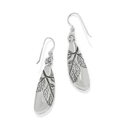 Brighton drop earrings with silver-plated wing-shaped charms featuring etched leaf vein detail on a white background