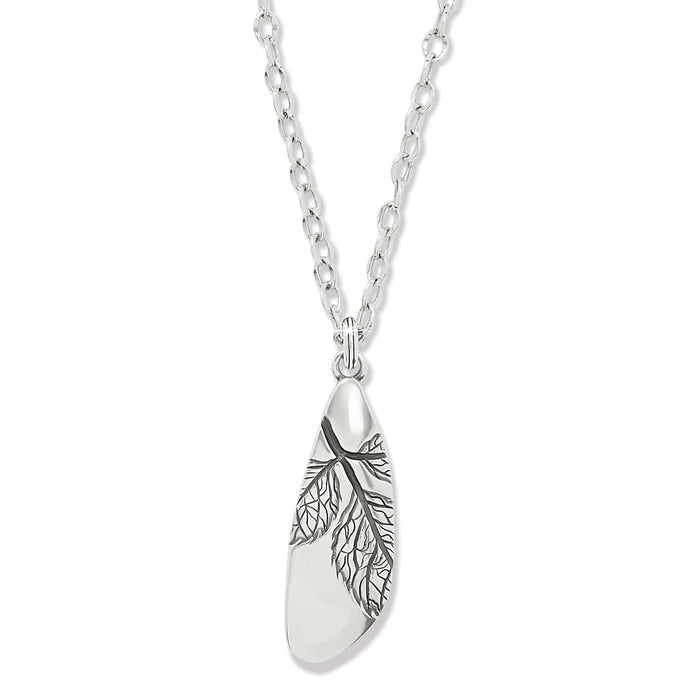 Brighton pendant necklace with silver-plated wing-shaped pendant featuring etched leaf vein detail on a white background