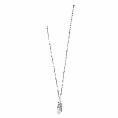 Brighton pendant necklace with silver-plated chain and engraved leaf-shaped drop pendant on a white background