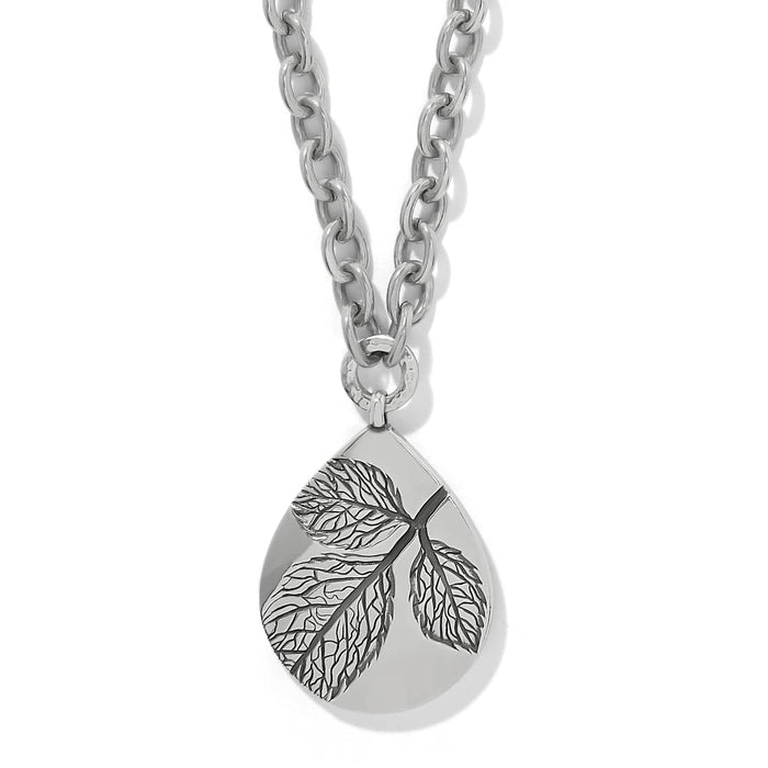 Brighton pendant necklace with silver-plated teardrop featuring engraved leaf design and chunky chain on a white background