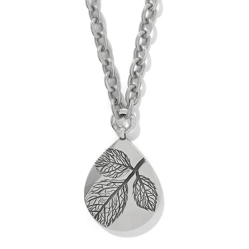 Brighton pendant necklace with silver-plated teardrop featuring engraved leaf design and chunky chain on a white background