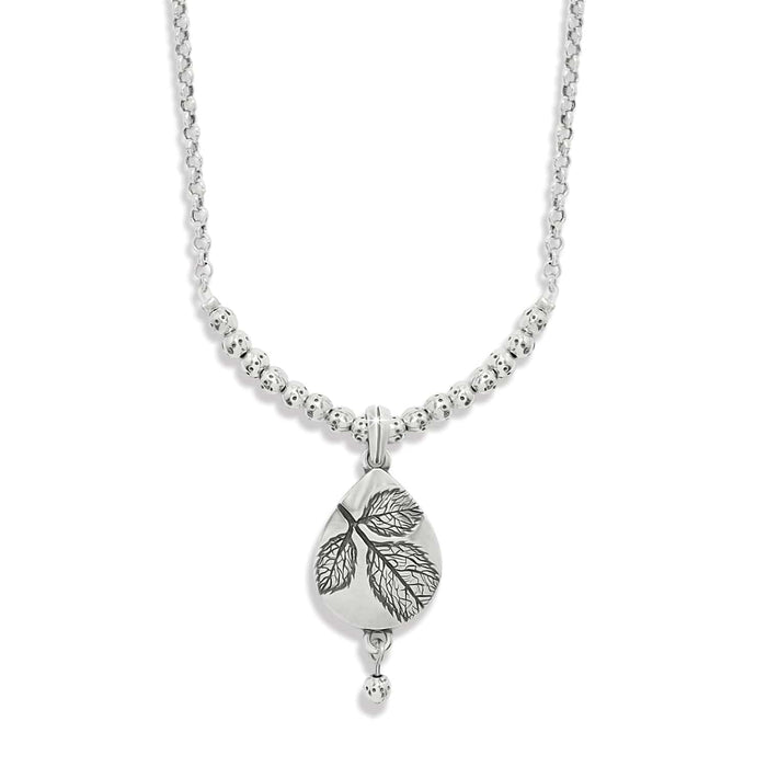 Brighton pendant necklace with silver-plated beaded chain and teardrop leaf-engraved pendant on a white background