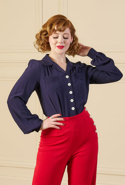 1940s Sweetheart Blouse - Navy