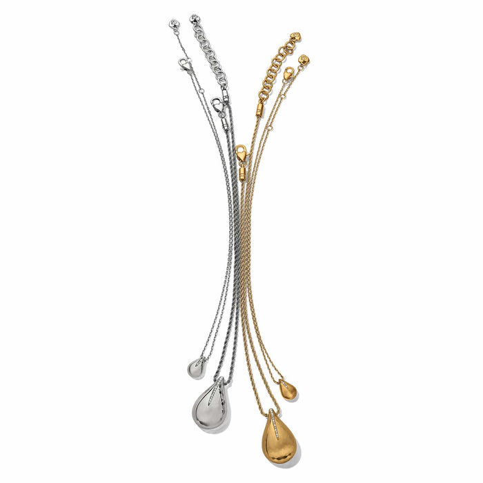 Brighton teardrop pendant necklaces in silver-plated and gold-plated finishes with crystal accents on a white background