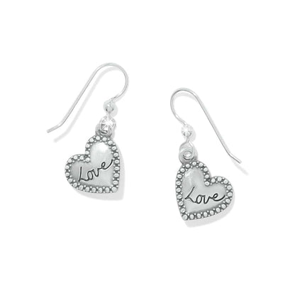 Brighton drop earrings with silver-plated heart charms engraved with Love and beaded borders on a white background