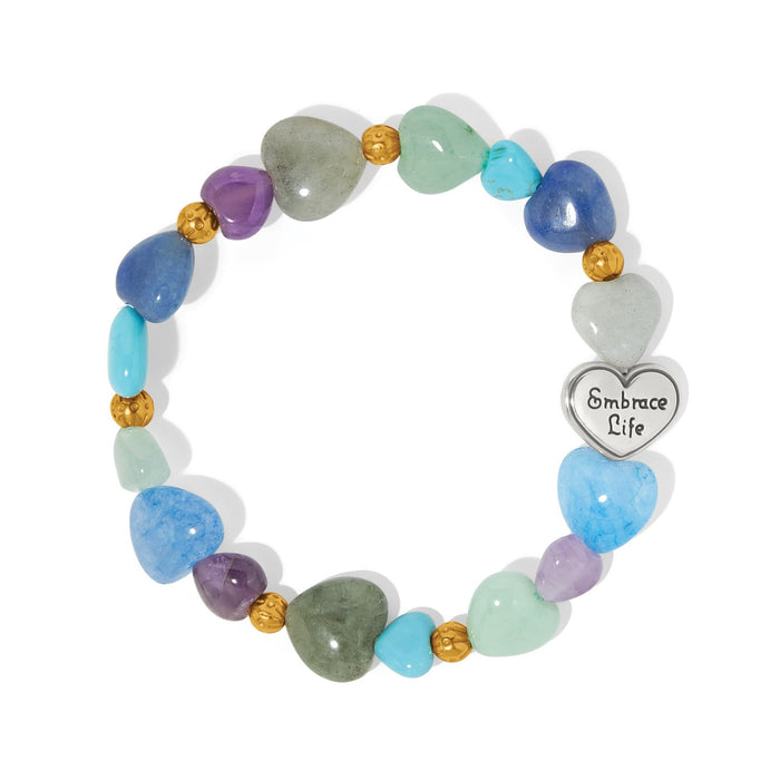 Brighton stretch bracelet with multicolored heart-shaped crystals, gold-plated accent beads, and Embrace Life charm on a white background