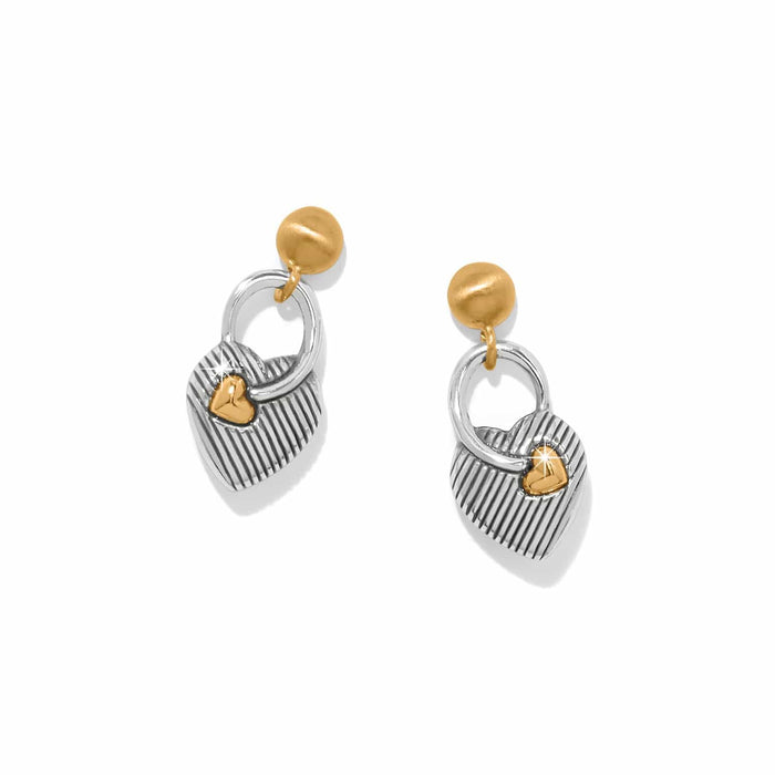 Brighton drop earrings with two-tone heart lock charms and gold-tone ball posts on a white background